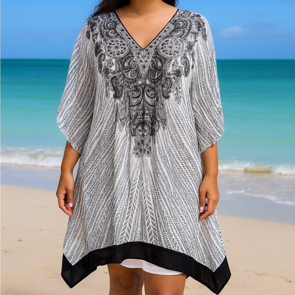 Rene Derhy Black and White paisley dress,‎ sleeveless, embroidered sequins SZ XL